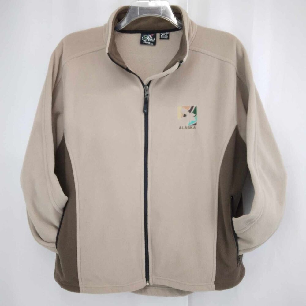 Polar Alaska Moose Mens Size 2X Logo Tan Brown Fleece Zip Up Jacket Pockets